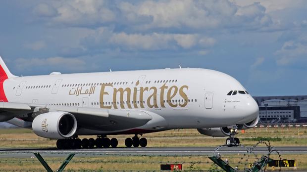 Emirates Airbus A380 departure from Runway 18 at Frankfurt Airport